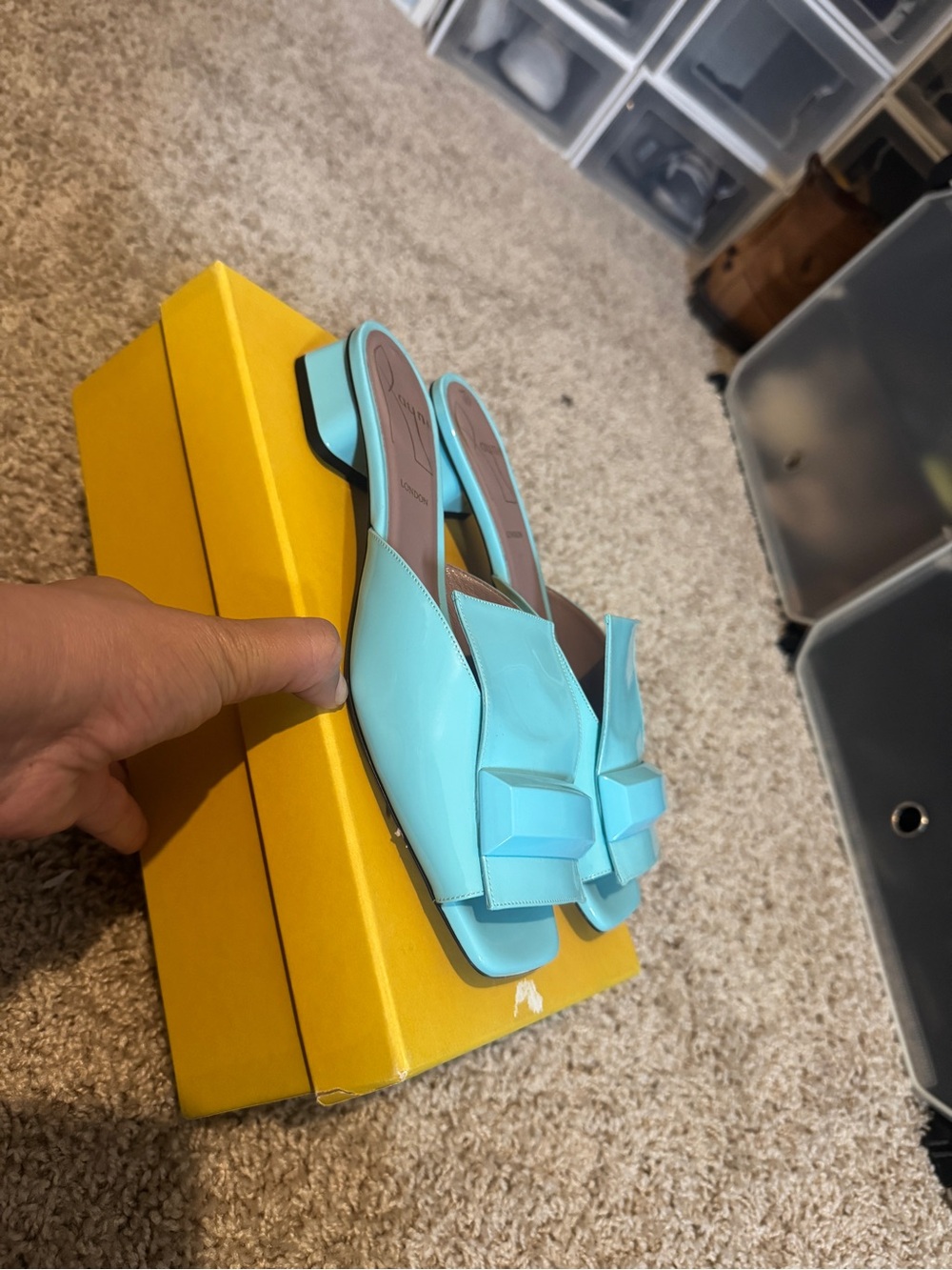 Light Aqua Patent Leather Slip-On Mules with Low Heel